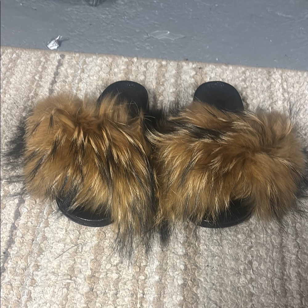 Faux Fur Slide Sandals in Brown and Black